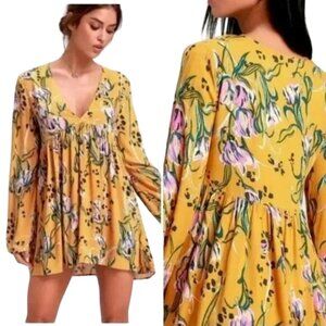 Free People Yellow Bella Floral Printed Boho Tunic Mini Dress Size L